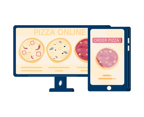 Pizza order online flat icon with images of smartphone and computer vector illustration