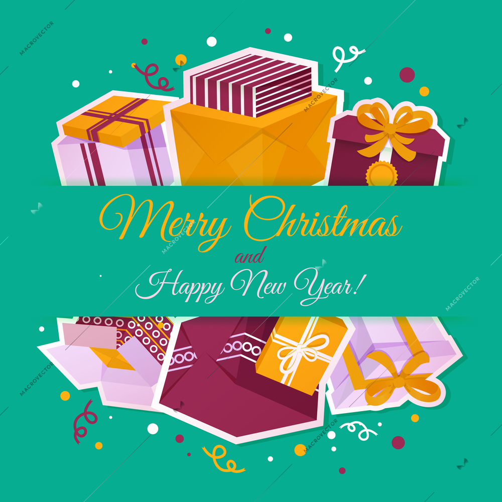 Merry christmas and happy new year card with holiday gift boxes vector illustration