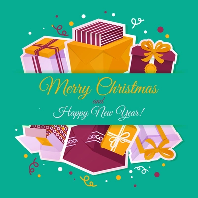 Merry christmas and happy new year card with holiday gift boxes vector illustration