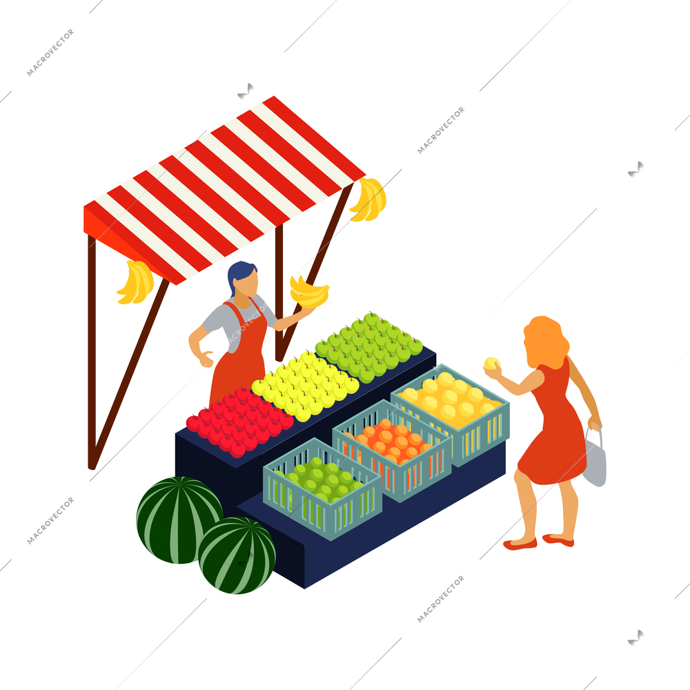 Farm market isometric icon with farmer selling fresh fruits 3d vector illustration