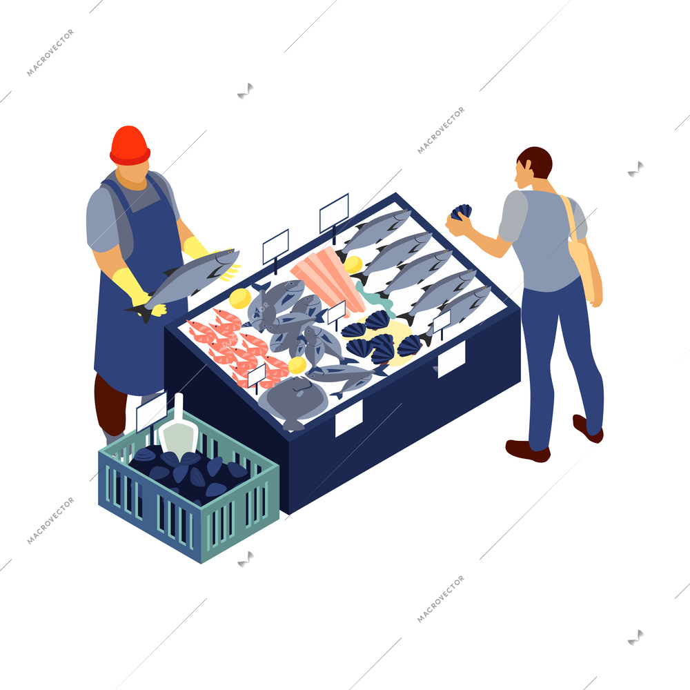 Local market icon with fishmonger selling fish and seafood 3d isometric vector illustration