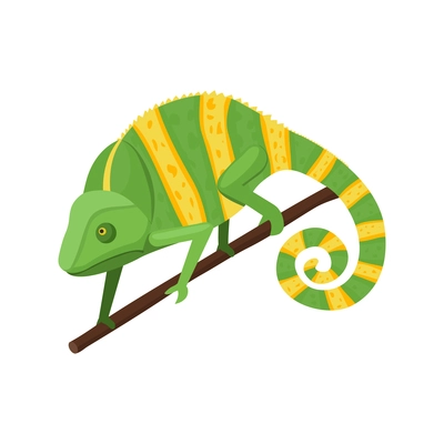 Isometric green and yellow chameleon sitting on tree branch 3d vector illustration
