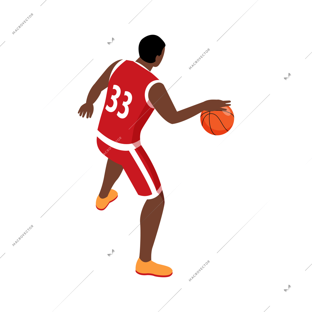 Basketball player with ball during match back view isometric vector illustration