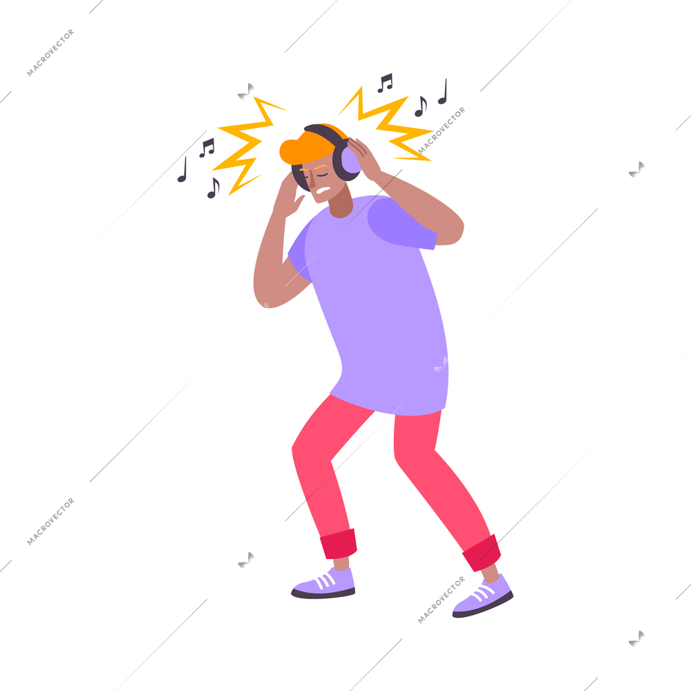 Man coping with stress by listening to loud music flat icon vector illustration