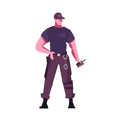 Security service guard in uniform with radio tranceiver and handcuffs flat vector illustration