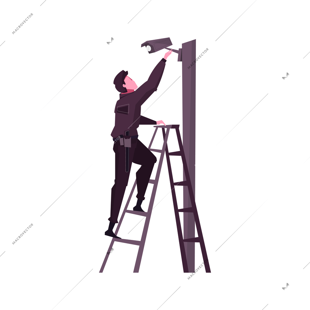Flat icon with security service worker installing or checking surveillance camera vector illustration