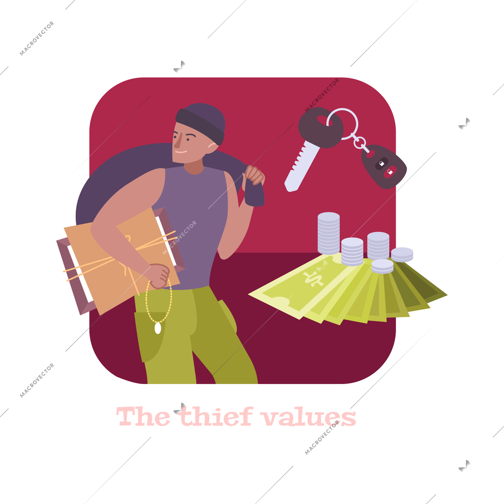 Pawnshop flat composition with character of thief money and car key vector illustration