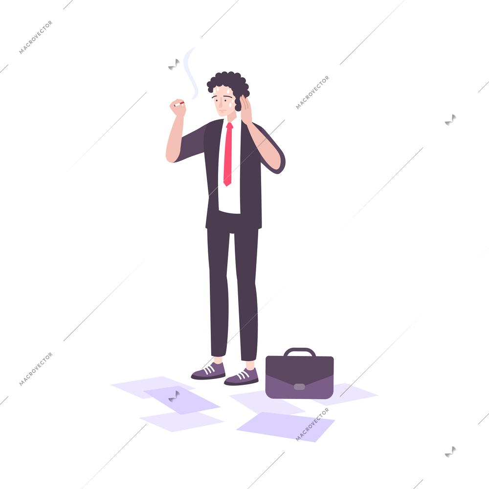 Male character of smoking stressed businessman flat vector illustration