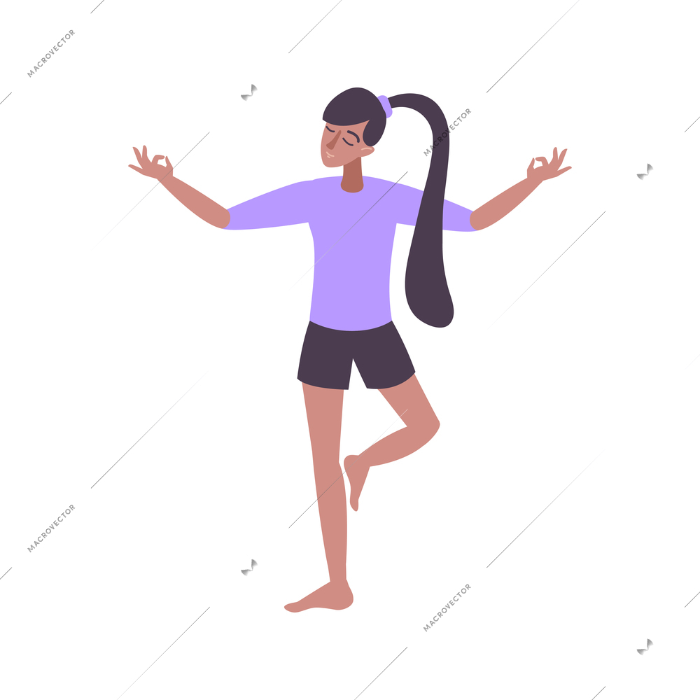 Relaxing flat icon with woman handling stress by doing yoga flat vector illustration