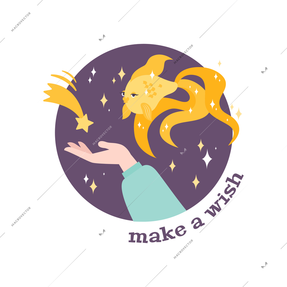 Dream make wish flat composition with goldfish shooting star and human hand vector illustration