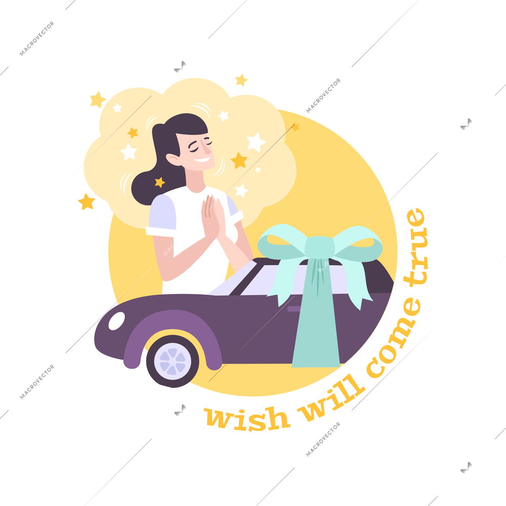 Flat composition with text and woman dreaming of new car vector illustration