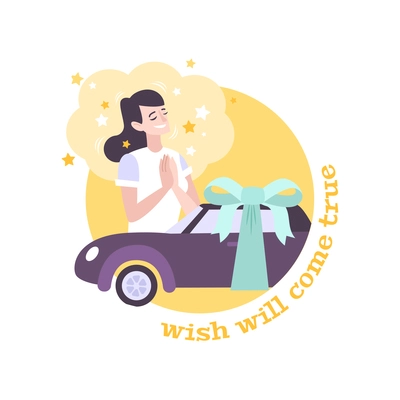 Flat composition with text and woman dreaming of new car vector illustration