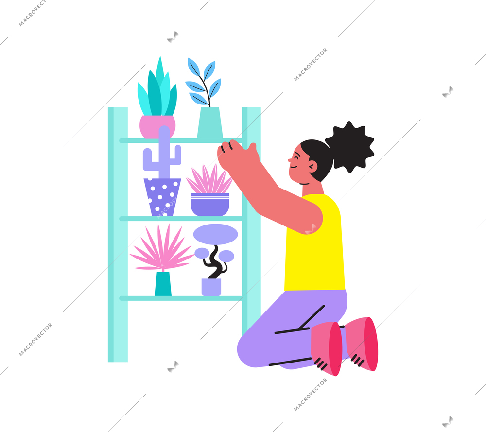 Flat icon with woman near shelves with potted plants in flower shop vector illustration