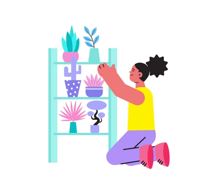 Flat icon with woman near shelves with potted plants in flower shop vector illustration