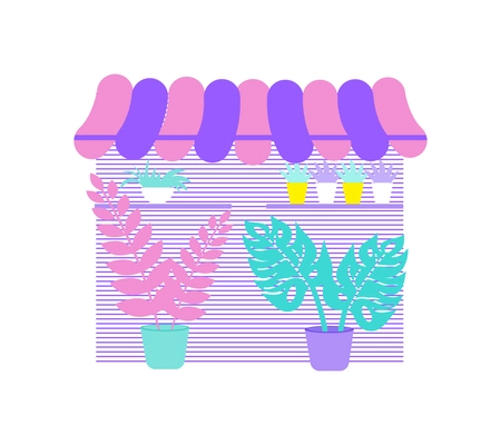 Flower shop display with house plants and flowers in pots flat vector illustration