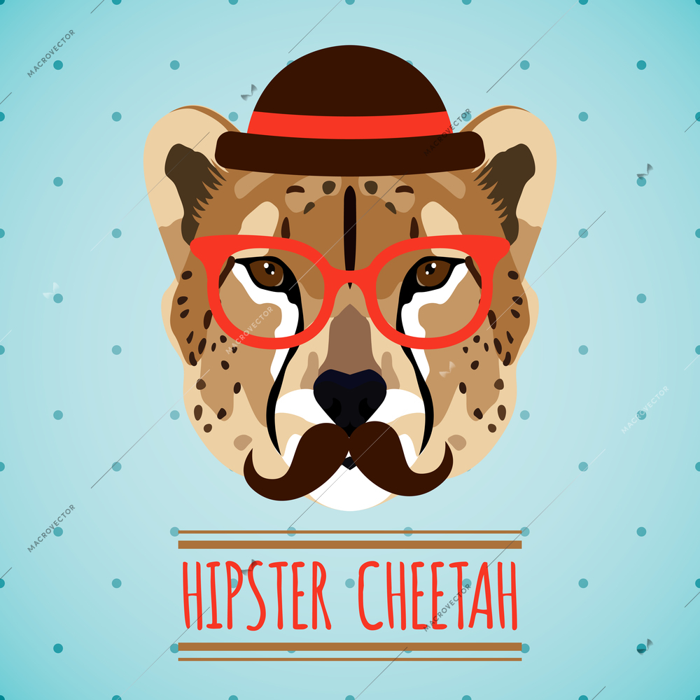 Animal cheetah with hat glasses and moustache hipster portrait vector illustration