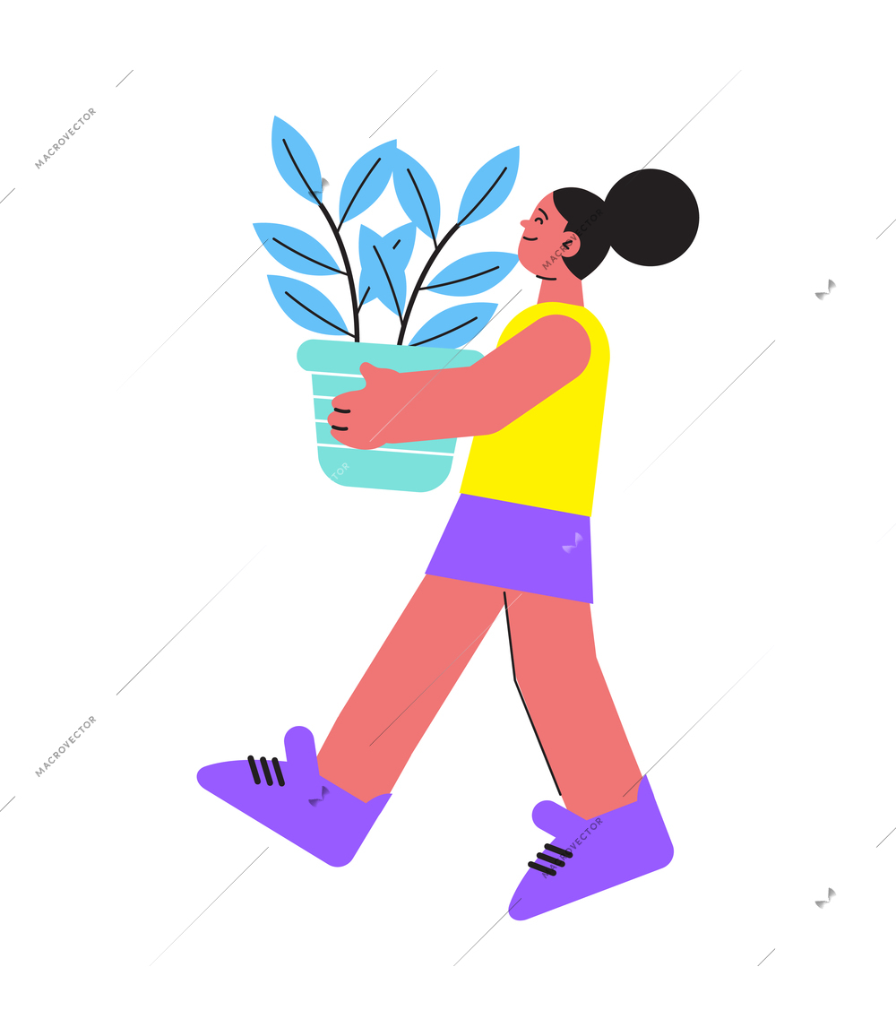 Floristry icon with female character of woman carrying plant in pot flat vector illustration