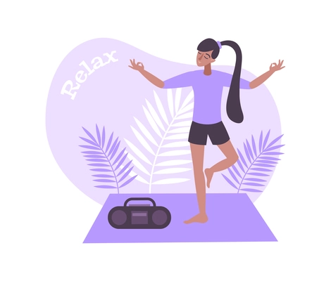 Flat composition with relaxed woman doing yoga to handle stress vector illustration