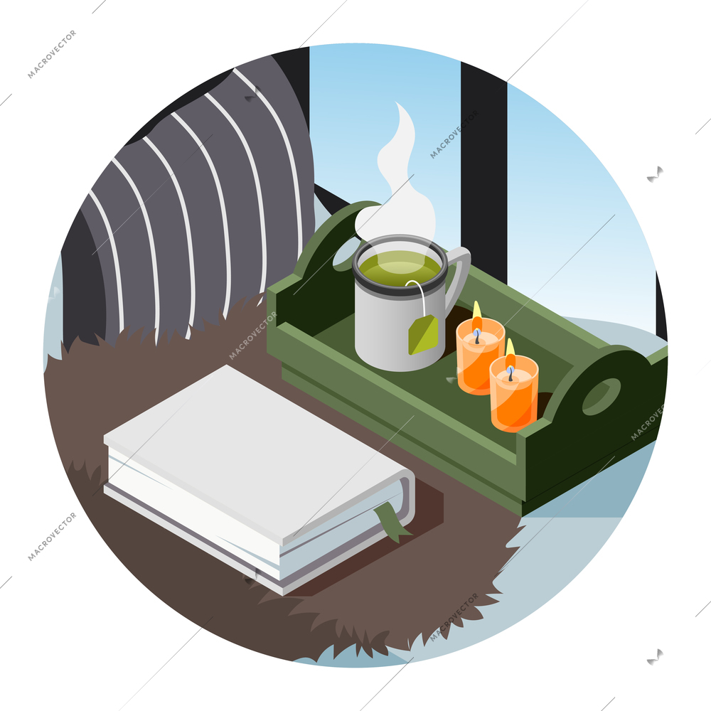 Hygge lifestyle round composition with cup of green tea candles on tray and book isometric vector illustration