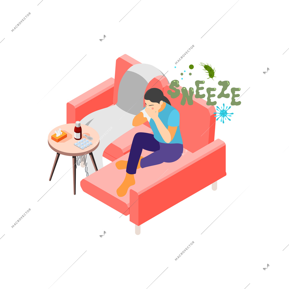 Flu isometric icon with medication on table and sick woman sneezing 3d vector illustration