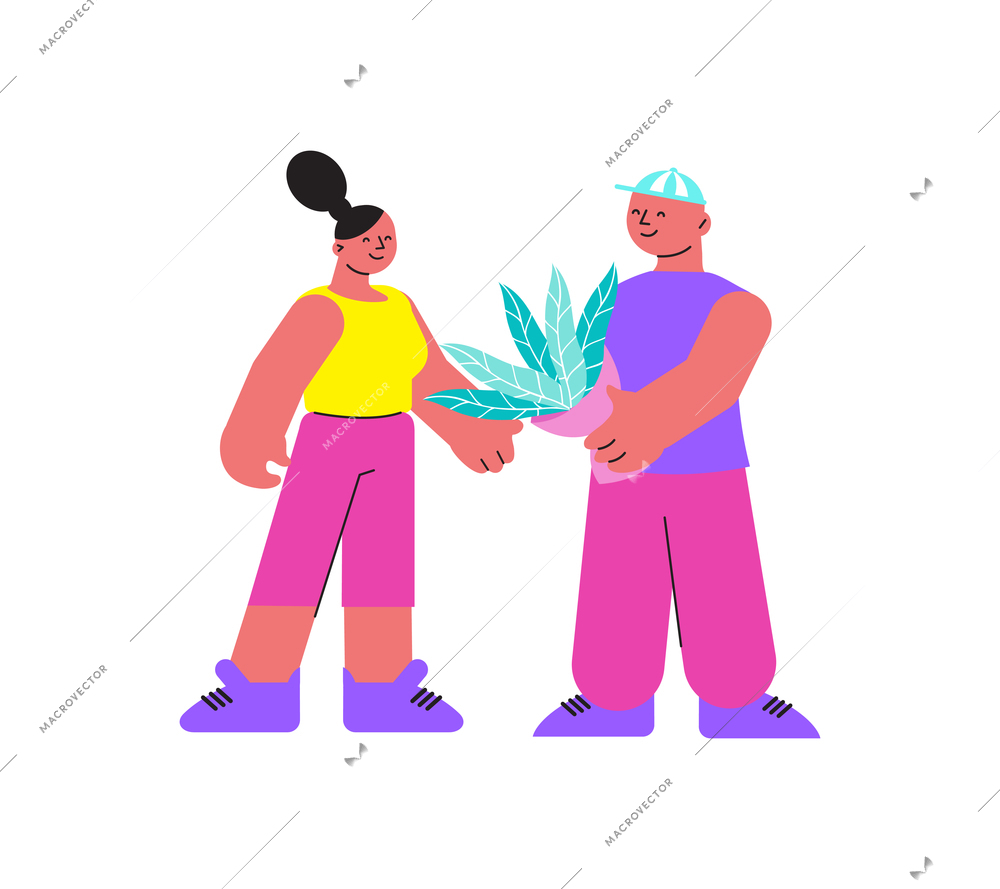 Flower shop flat icon with characters of customer and seller or courier vector illustration
