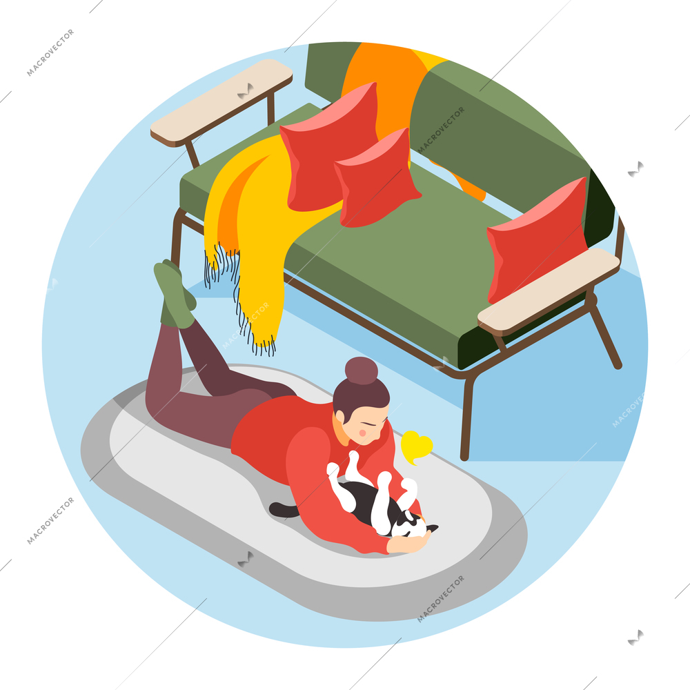 Hygge lifestyle composition with woman playing with cat in cozy living room isometric vector illustration