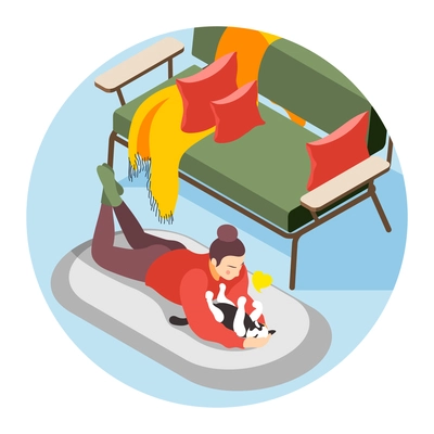 Hygge lifestyle composition with woman playing with cat in cozy living room isometric vector illustration