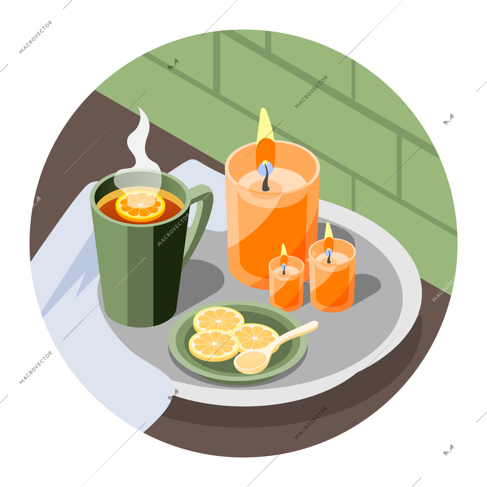 Isometric hygge lifestyle round composition with hot lemon tea and burning candles 3d vector illustration