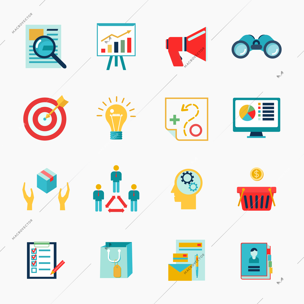 Marketer financial money business flat icons set with lightbulb target megaphone isolated vector illustration