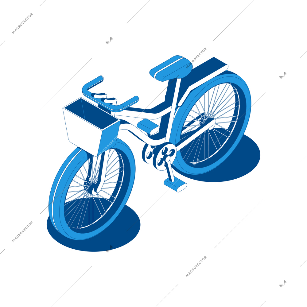 Isometric bicycle with basket in blue color 3d vector illustration