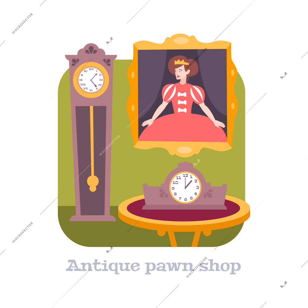 Pawnshop flat composition with antique clocks and painting vector illustration