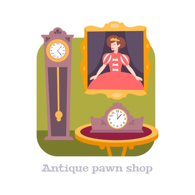 Pawnshop flat composition with antique clocks and painting vector illustration