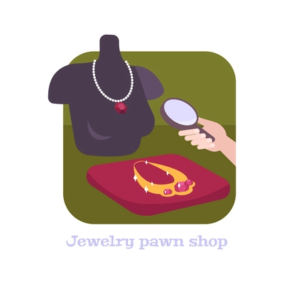 Pawnshop flat composition with jewelry and pawnbroker hand holding magnifier vector illustration