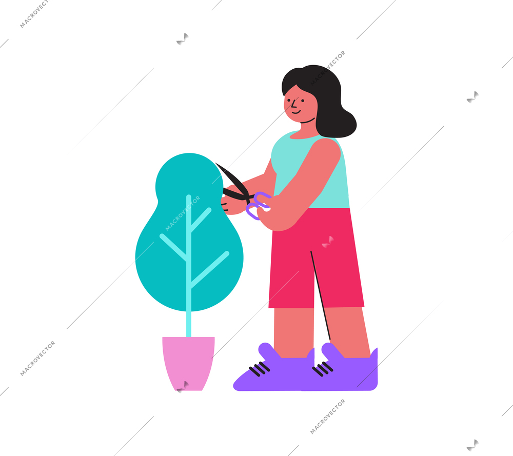 Floristry flat icon with happy woman trimming potted tree vector illustration