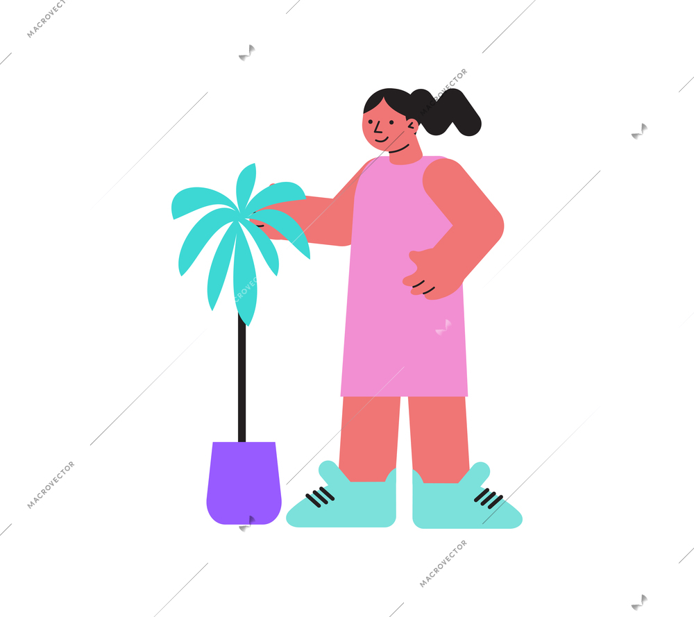 Floristry flat icon with woman and small palm tree in pot vector illustration