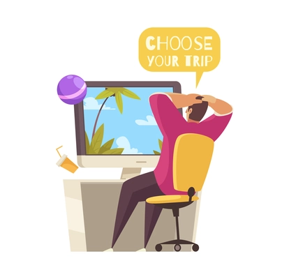 Travel cartoon composition with relaxed man choosing trip online vector illustration