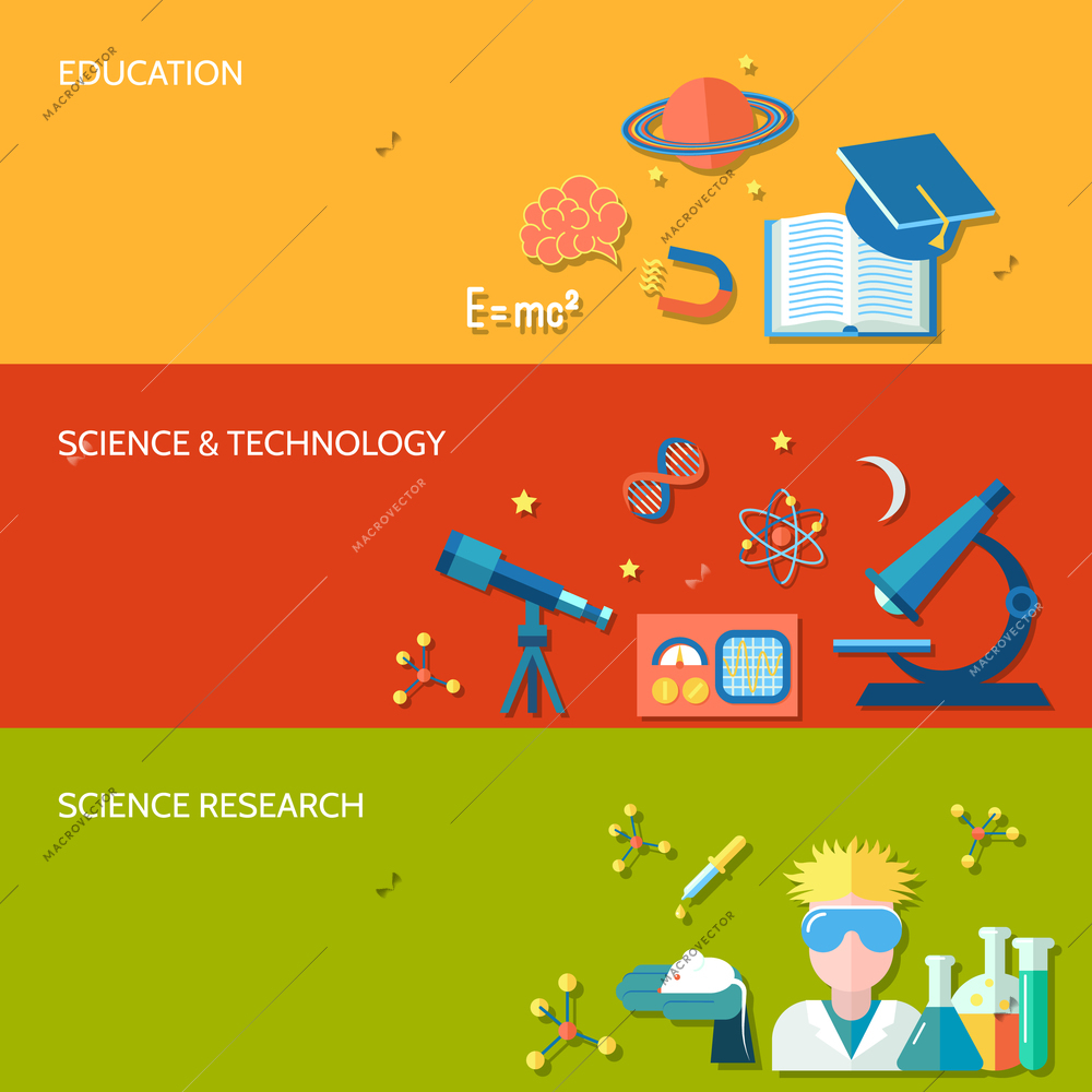 Science and research horizontal banner set with education technology isolated vector illustration