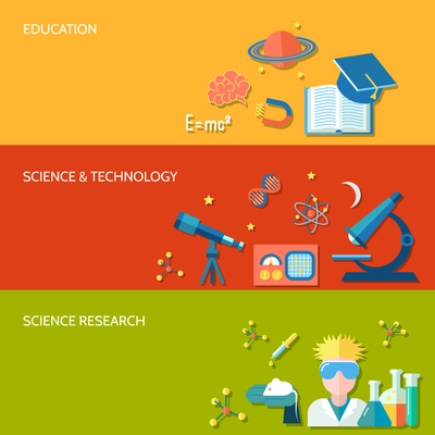 Science and research horizontal banner set with education technology isolated vector illustration