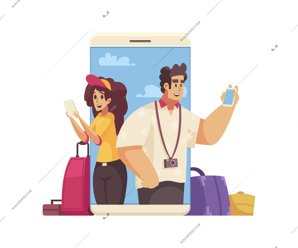 Travel cartoon composition with happy people booking hotel or apartment online vector illustration
