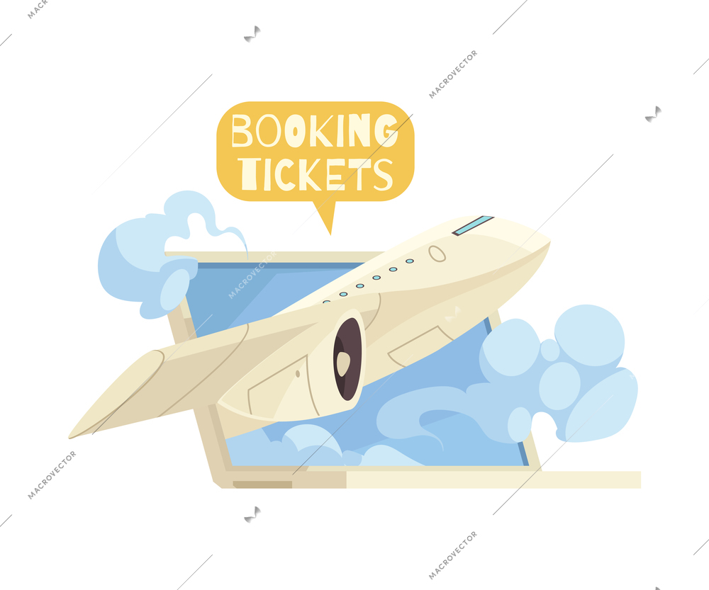 Booking tickets online composition with laptop and flying plane cartoon vector illustration