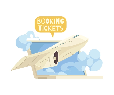 Booking tickets online composition with laptop and flying plane cartoon vector illustration