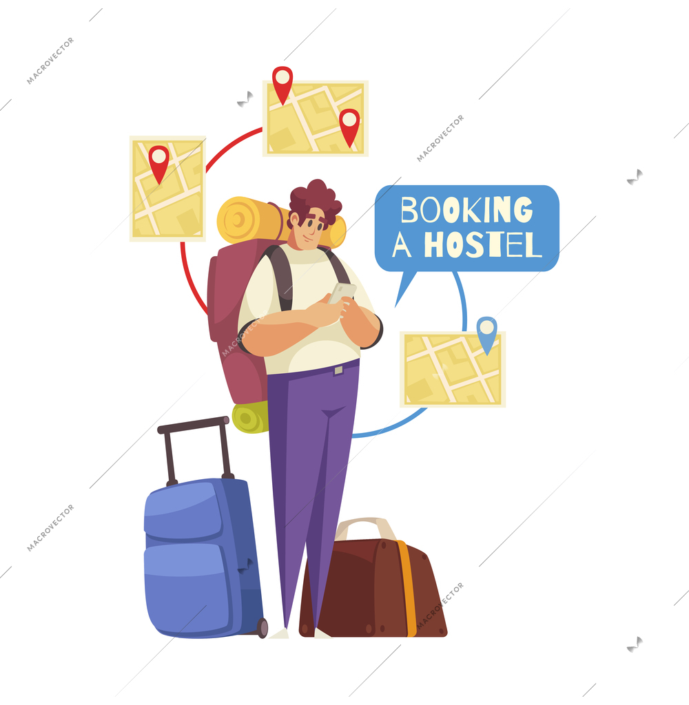 Man with luggage booking hostel on his smartphone cartoon composition vector illustration