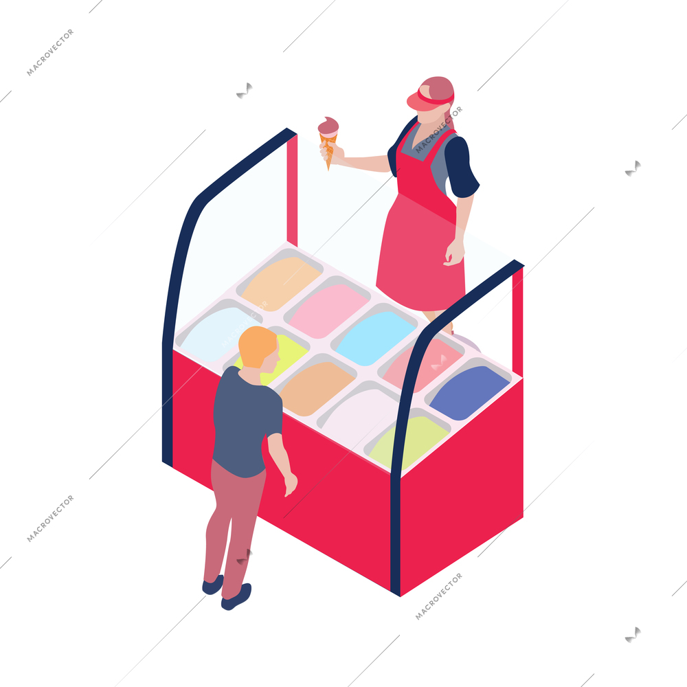 Isometric icon with ice cream market stall vendor holding chocolate cone and customer 3d vector illustration