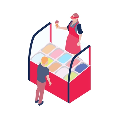 Isometric icon with ice cream market stall vendor holding chocolate cone and customer 3d vector illustration