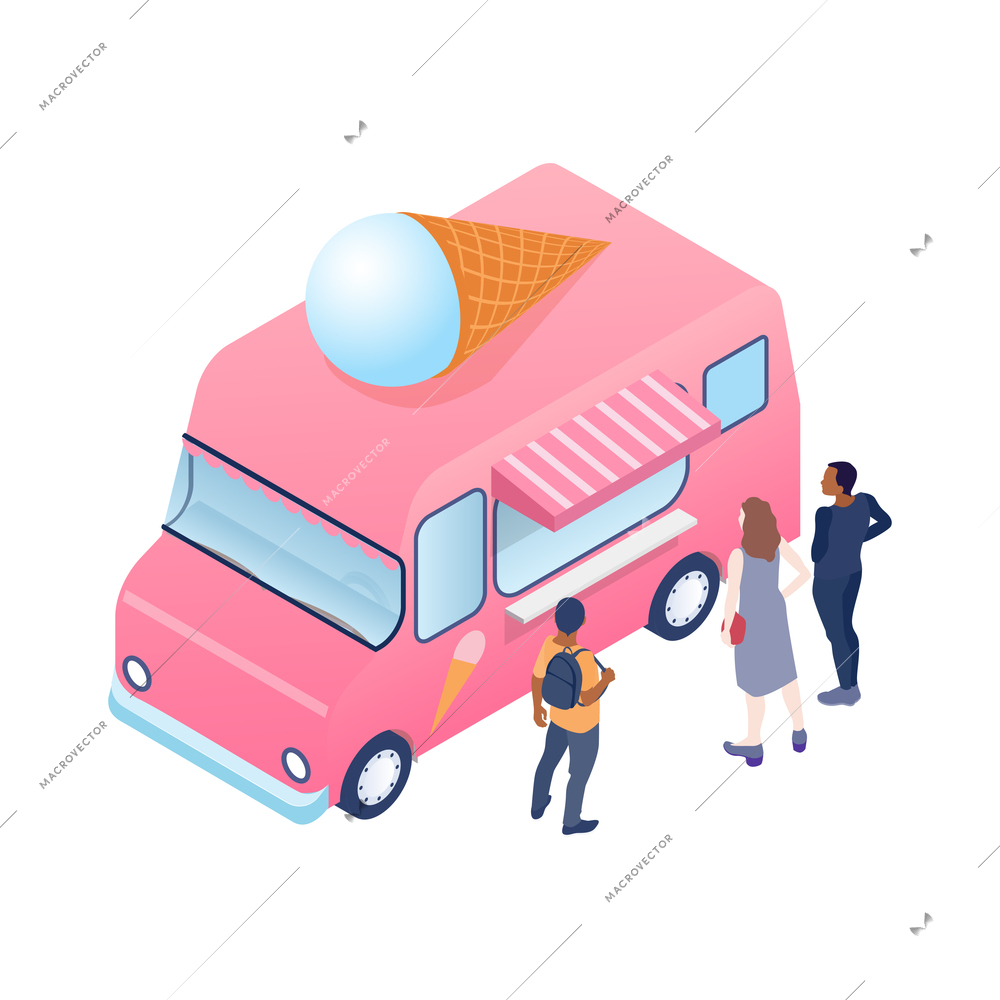 Isometric pink ice cream truck and three customers on white background vector illustration