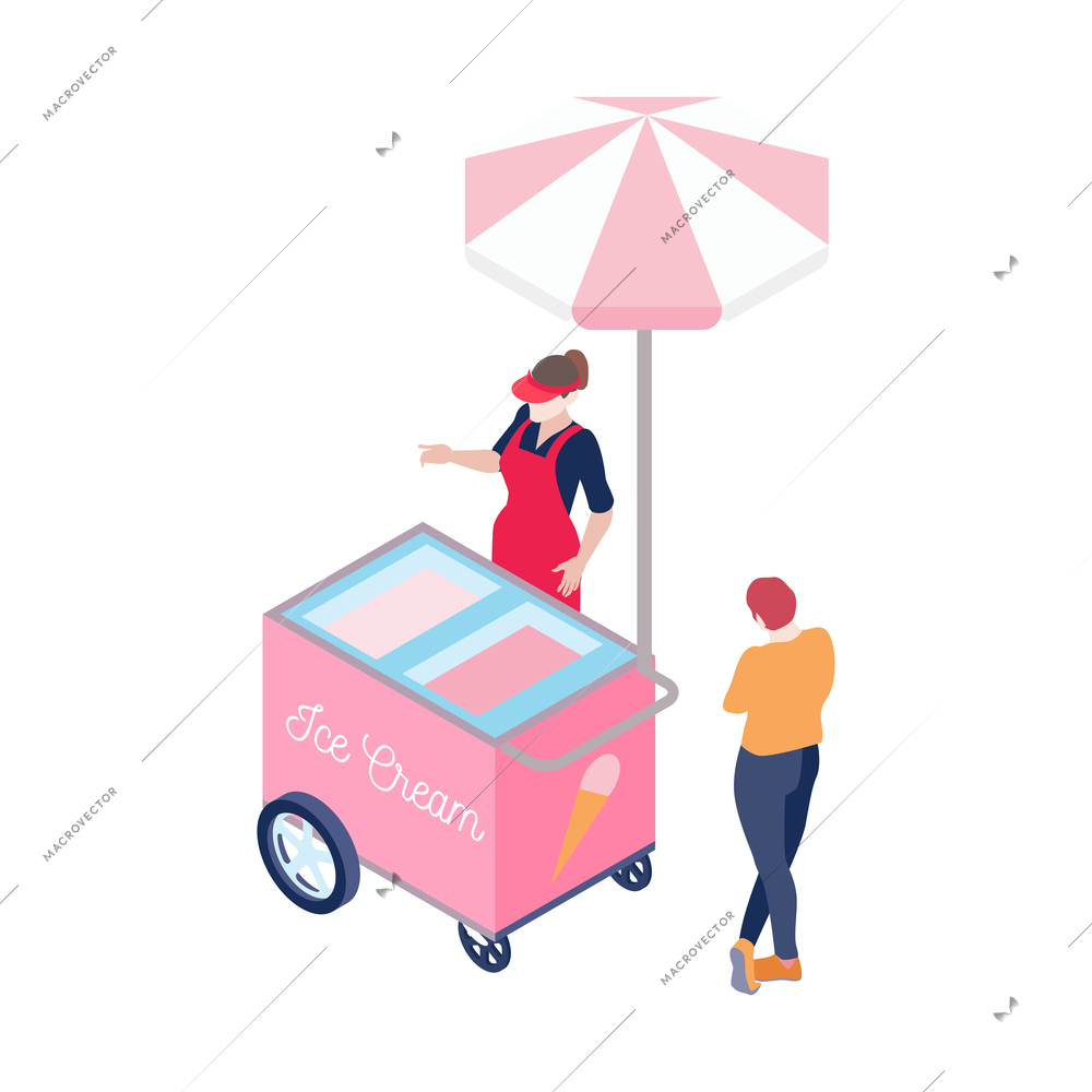 Isometric pink ice cream cart vendor and customer 3d vector illustration