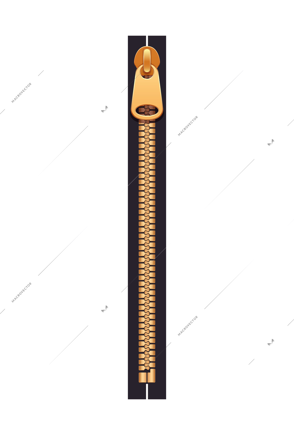 Closed metal zip fastener in golden color realistic vector illustration