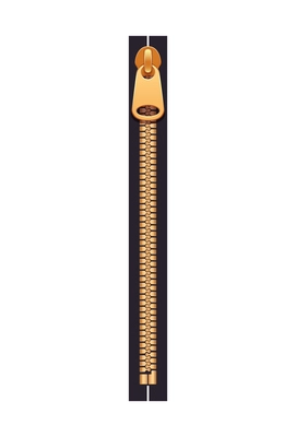 Closed metal zip fastener in golden color realistic vector illustration