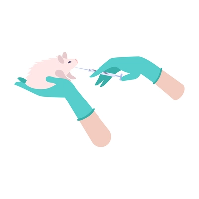 Animal testing flat icon with human hands giving injection to rodent vector illustration