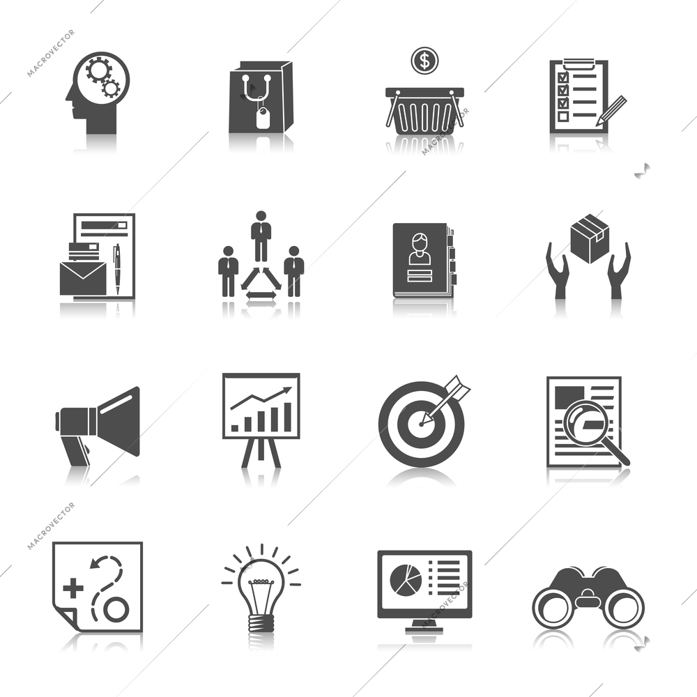 Marketer financial money shopping business search buying black icons set isolated vector illustration